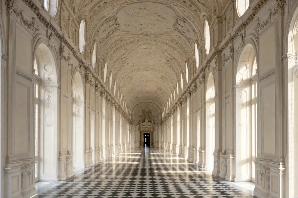 Grande galleria barocca bianca con finestre ad arco e pavimento a scacchi (immagine creata con AI)